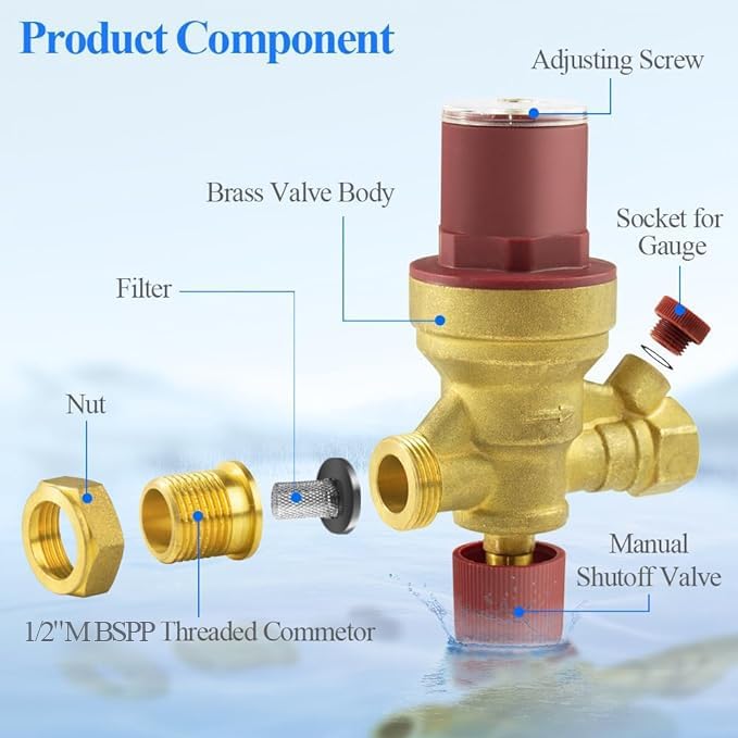 WiseWater Brass Automatic Boiler Fill Valve, Adjustable Pressure,Pressure Gauge Available,Inlet 3/4' Outlet 1/2',Brass adapter with 1 'M to 3/4 'F for Water System - Poueer
