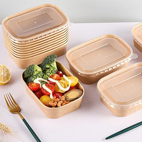 Paper Food Containers with Lids [50 pack] 35 oz Kraft Paper Meal Prep Containers with Lids, Microwavable and Freezer Storage Use Cardboard Food Containers, Disposable Take Out Containers - Poueer