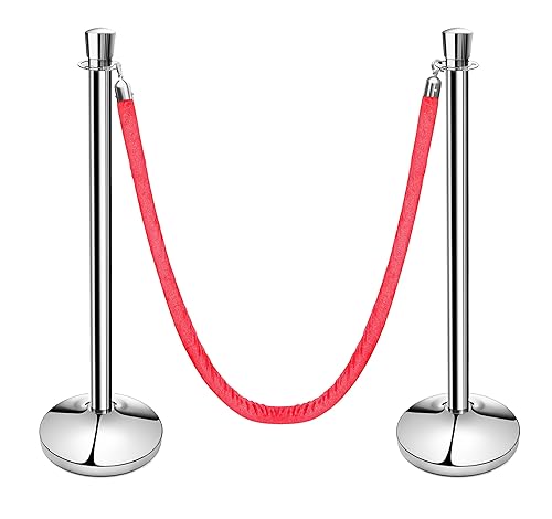 New Star Foodservice 535634 Round Top Brass Plated Stanchions, Set of 2 Posts with 1 of 79.5-Inch Red Velvet Rope - Poueer