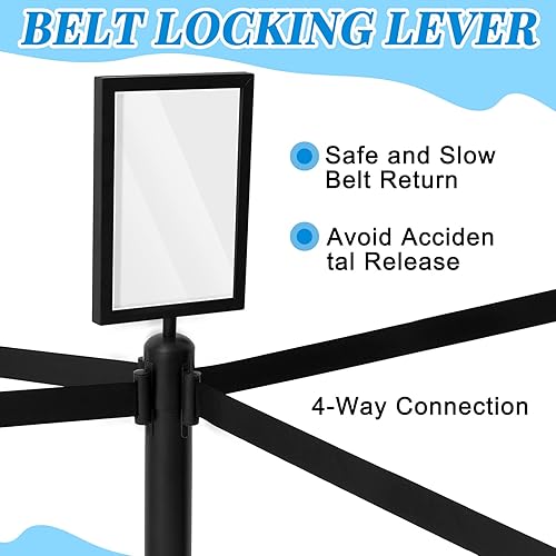 Geelin 6 Pack 9.8 ft Heavy Duty Crowd Control Stanchions Stainless Steel Stanchion Set with 6 Safety Barrier Post with Retractable Belt and 1 Sign Holder Crowd Control Barrier (Black) - Poueer