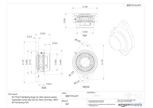 SKF FYTB 15 TF Ball Bearing Flange Unit, 2 Bolts, Setscrew Locking, Regreasable, Contact Seal, Cast Iron, Metric, 15mm Bore, 76.5mm Bolt Hole Spacing Width - Poueer
