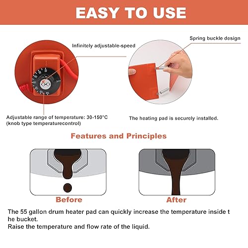55-Gallon Drum Pail Heater Pad - YSJWAER Electric Silicone Barrel Heat Pad Band Warmer Kit 150℃ 5inch - Poueer