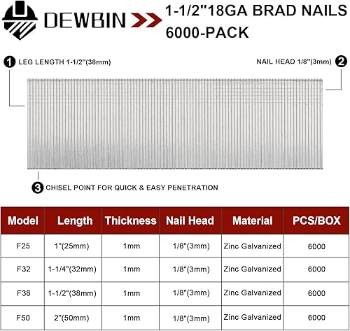 18 Gauge Brad Nails, 12000 Counts 1-1/2-inch 18 GA Brad Nails, Galvanized Nails for Nail Gun, Finishing Nail Gun Nails for Pneumatic, Electric Brad Nailer Gun - Poueer