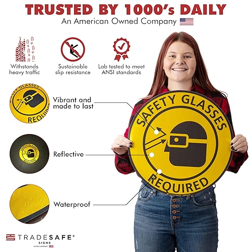TRADESAFE Safety Glasses Required Anti-Slip Floor Sticker - Eye Protection Required Caution Sign, Peel and Stick Adhesive Vinyl Sign, ANSI-Compliant, 17” Diameter Round Sticker - Poueer