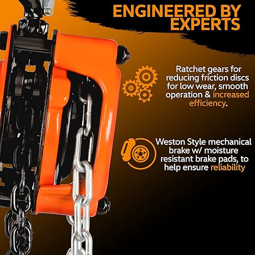 SuperHandy Manual Chain Block Hoist Come Along 1/2 Ton 1100Lbs Capacity 10 Foot Lift 2 Heavy Duty Hooks Industrial Grade Steel Construction Building Garages Warehouse Automotive Machinery - Poueer