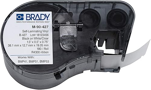 Brady - 131572 Official (M-90-427) Self-Laminating Vinyl Wire and Cable Labels, Black on White/Clear - Designed for BMP41, BMP51 and BMP53 Label Printers - 180 Labels/Roll, 0.75'x1.5x0.5' - Poueer