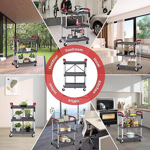 Foldable Utility Carts, 3-Tier Service Cart with Lockable Universal Wheels, Holds Folding Rolling Cart with Fixed Rope for Home, Office Garage and Warehouse No Assembly Require - Poueer