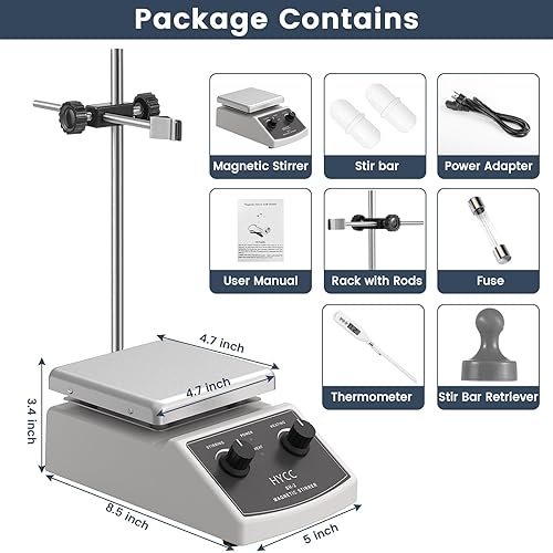 HYCC Magnetic Stirrer Hot Plate Max 520℉, 100-2000RPM Hot Plate with Magnetic Stirrer, 2000mL Magnetic Hotplate Stirrer, Magnetic Stirrer w/Thermometer, Magnetic Stir Bar, Stir Bar Retriever - Poueer