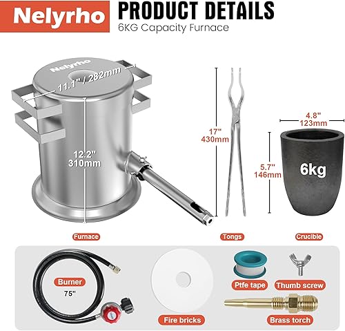 Nelyrho 6KG Propane Metal Smelting Furnace Kit and 1 Piece 7.5KG Graphite Ingot Mold Bundle - Poueer