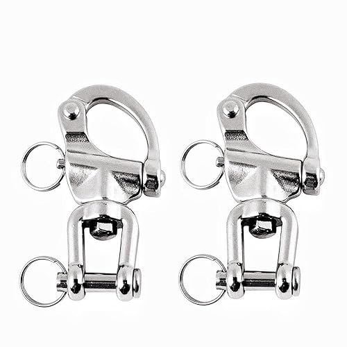 2/4 PCS Heavy Duty Marine 316 Stainless Steel Fixed Snap Shackle Quick Connect Shackle Snap Hook Rigging for Sailboat Yacht W/2 Rings (2, Overall Length:128mm) - Poueer