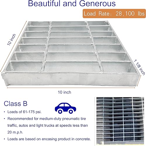 Galvanized Steel Drain Grate with Base, 16x16 Outdoor Drain Cover and Frame, B Class Sewer Grate with Lip, Durable Heavy Duty Channel Grate, Sliver Square Drainage Grate Driveway - Poueer