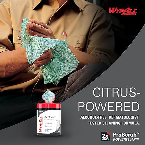 WypAll PowerClean ProScrub Heavy Duty Wet Towels (91371), Dual Action Cleaning, Large 9.5' x 12' Wipes, Bucket Included (6 Containers of 75 Sheets, 450 Sheet Total) - Poueer
