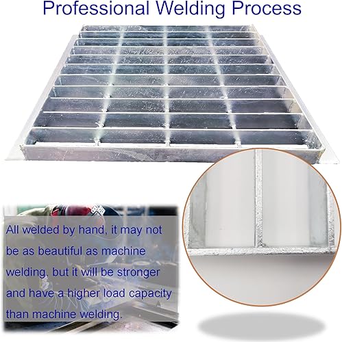 Galvanized Steel Drain Grate with Base, 16x16 Outdoor Drain Cover and Frame, B Class Sewer Grate with Lip, Durable Heavy Duty Channel Grate, Sliver Square Drainage Grate Driveway - Poueer