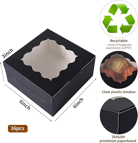 100 pcs 6x6x3 Inches Small Cake Box with Window, Bakery Pastry Cookie Boxes, Mini Pie for Pastry,Dessert,Strawberries,Chocolates, Cupcakes with paper stickers (Brown) - Poueer
