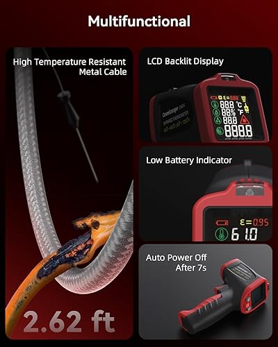 Infrared Thermometer Temperature Gun with Probe -58℉ to 1202℉, Digital Heat Surface Temp Gun, Non-Contact Laser Thermal Gun for Cooking Food, Barbecue Meat, Pizza Oven, Griddle (CM650) - Poueer