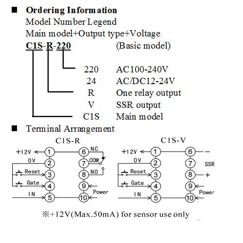 Digital Counter C1S-R-220 AC 100-240V Maximum Speed 5kcps. NPN and PNP inputs can be Switched. Input Signal: Input, Pause, Reset. Output: Relay - Poueer