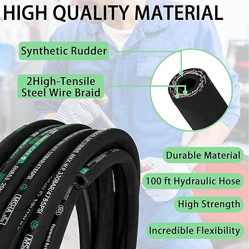 Haichy 1/4 in x 50 ft Hydraulic Hose, 5800 PSI, Black, Rubber, Hydraulic Hose, 1 each - Poueer
