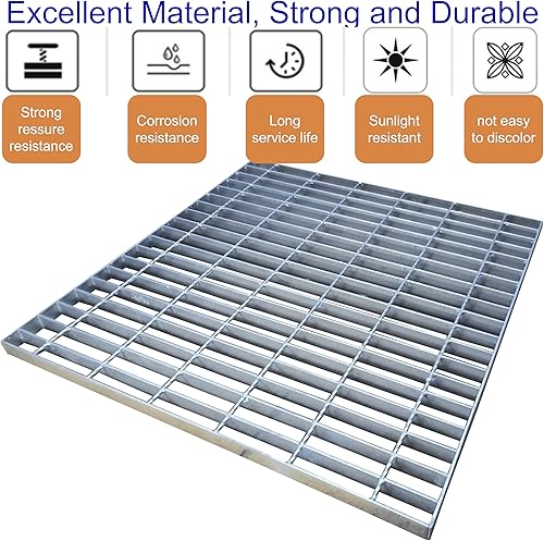 Galvanized Steel Drain Grate with Base, 16x16 Outdoor Drain Cover and Frame, B Class Sewer Grate with Lip, Durable Heavy Duty Channel Grate, Sliver Square Drainage Grate Driveway - Poueer