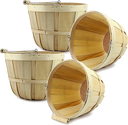 Cornucopia Brands Round Wooden Baskets (4-Pack, Natural); Wood Fruit Buckets w/ Handle, 4-Quart Capacity; 6.1 Inch Tall by 8 Inch Diameter - Poueer