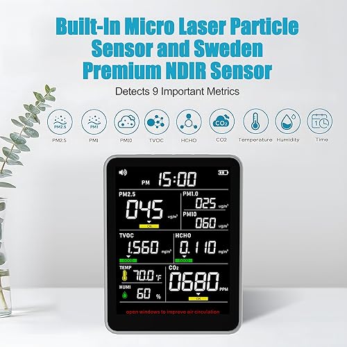 Professional 9-in-1 Indoor Air Quality Monitor with PM1.0 |PM2.5 |PM10 |HCHO |TVOC |CO2 |Humidity |Temperature |Time, Portable Easy to Use for Home Car Office (Sage Grey) - Poueer