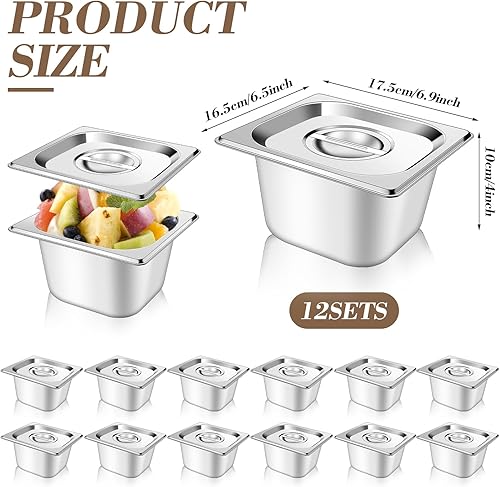 12 Set 1/6 Size Stainless Steel Hotel Pans with Lids 4' Deep Steam Table Pan Food Pan Lid with Handled Catering Food Storage Metal Anti Jam Steam Pans Cover for Fruits Vegetables Restaurant Hotel - Poueer