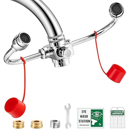 Huanyu Faucet Mounted Eyewash Station 360° Rotation Emergency Eye Wash Station Sink Attachment Adjustable Direction Eye Wash Faucet Laundry Room Kitchen with Inspection Tag 3 Adapters (Style B2) - Poueer