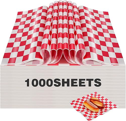 Colarr 1000 Pcs Waxed Paper Sheets Bulk 15 x 15 Inch Large Sandwich Wrapping Papers Checkered Deli Food Basket Liners for Burgers Bread Restaurant Barbecue Picnic(Red) - Poueer