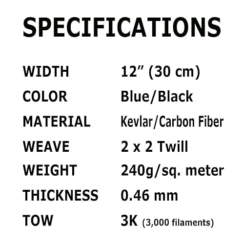 (1 ft -25 ft Rolls) KARBXON - 12 in - Carbon Fiber Aramid Fabric - Blue - 3K - 240g/meter - Twill Weave - Advanced Cloth Fabric - Rolled 12” Wide Hemmed Fabric for Repair, Drones, RC & DIY Projects - Poueer