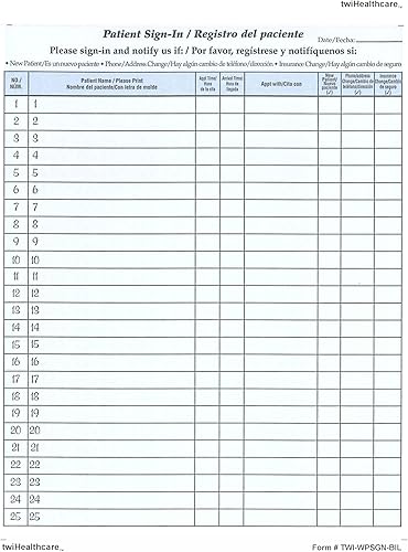Patient Sign-in Sheets, Bilingual 8-1/2' X 11' (Blue) Carbonless Form (Lot of 250 Sheets) HIPAA Compliant - Poueer