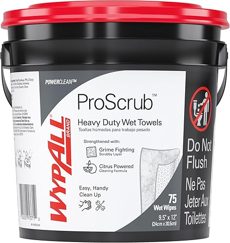 WypAll PowerClean ProScrub Heavy Duty Wet Towels (91371), Dual Action Cleaning, Large 9.5' x 12' Wipes, Bucket Included (6 Containers of 75 Sheets, 450 Sheet Total) - Poueer