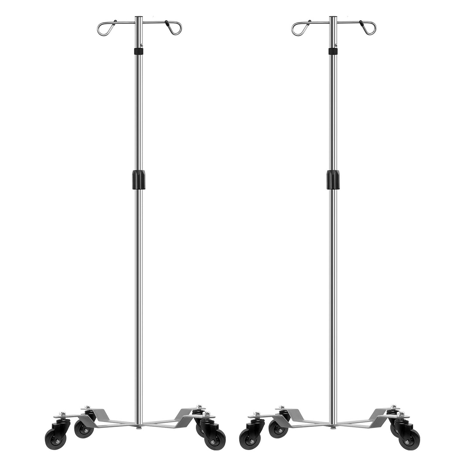 IV Poles IV Stands Portable Rolling 2 Hook 5 Legs Adjustable Height with Brake Wheels, Stainless Steel - Poueer