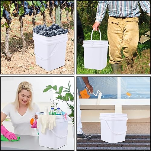 Vababa 5 Gallon Square Bucket White Bucket with Lid, 4 Pcs Plastic Bucket Food Storage Bucket with Handle and Lid - Poueer