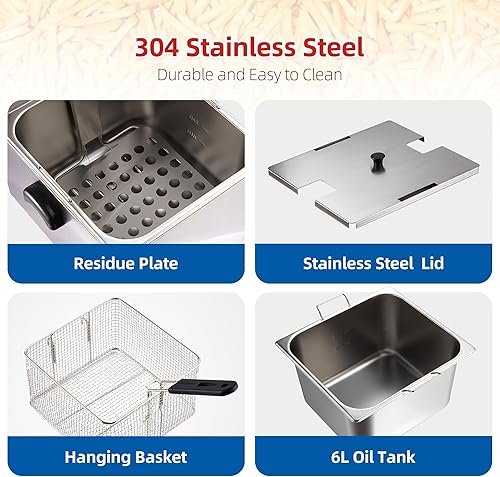 Garvee Commercial Deep Fryers, 11 L/10.45 Qts Detachable Extra Large with Temperature Control, Basket and Lid for Restaurants and Commercial Use(Stainless Steel, Sliver) - Poueer