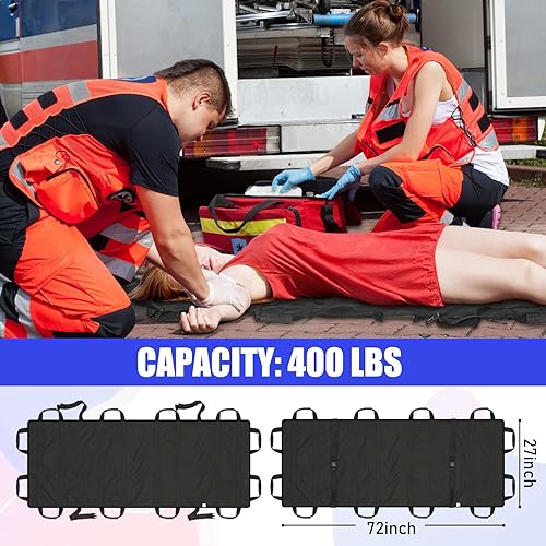 2 Pcs 72' x 27' Portable Foldable Stretcher with 12 Rubber Foam Handles Medical Emergency Lightweight Patient and Animals Transport Stretcher for Rescue First Aid(Black) - Poueer