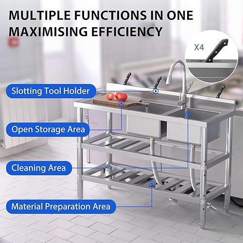 Stainless Steel Utility Sink with Pull-Down Faucet - 47x18x32 Inch Freestanding Double Bowl Commercial Sink Set, NSF Certified for Kitchen, Restaurant & Garage Use - Poueer