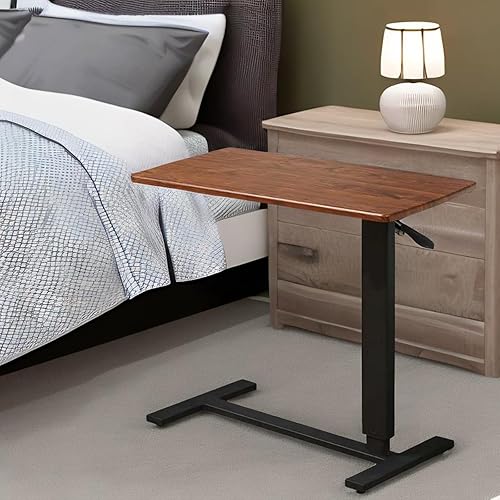 Adjustable Overbed Table with Hidden Wheels for Hospital and Home Use, Rolling Laptop Standing Desk with Wood Tabletop, Hospital Bed Table, Walnut - Poueer