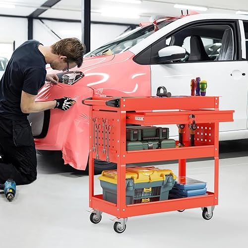 3 Tier Foldable Service Cart with Wheels, Rolling Collapsible Folding Utility Cart for Home, Office, Garage, and Warehouse (Red) - Poueer
