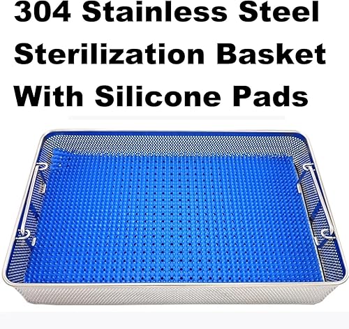 304 Stainless Steel Surgical Instrument Sterilization Basket with Lid, High-Temperature & High-Pressure Medical Tray, Silicone Pad, Punched Holes, Dental Tray for Sterilization (17.7in)(18.9in*9.8in*2 - Poueer