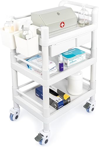 Medical Mobile Trolley Cart 3 Tier 500 Lbs Spacious Beauty Salon Rolling Trolley with Dirt Buckets Drawers 360°Rotate Wheels Heavy Duty Medical Utility Cart for Hospital Dental Clinic - Poueer