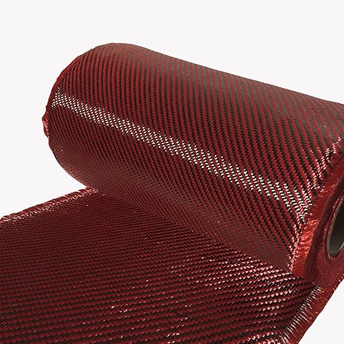 (1 ft -25 ft Rolls) KARBXON - 12 in - Carbon Fiber Aramid Fabric - RED - 3K - 240g/meter - Twill Weave - Advanced Cloth Fabric - Rolled 12” Wide Hemmed Fabric for Repair, Drones, RC & DIY Projects - Poueer