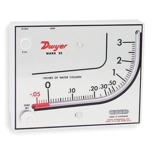 Dwyer Series Mark II 25 Molded Plastic Manometer, Inclined-Vertical Scale, 0 to 3 inH2O Measuring Range, Red Gauge Fluid, 0.826 sp. gr. (Twо Расk) - Poueer