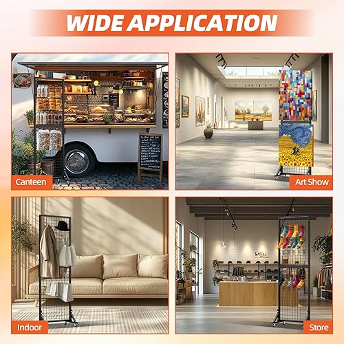 2' x 6' T Base Grid Wall Panels, 2 Pack Gridwall Panel Display Stand with Wheel, Heavy Duty Metal Grid Wall Panel with 50 Hooks, Two-Double Grid Wall Panel Display for Art Craft Display - Poueer