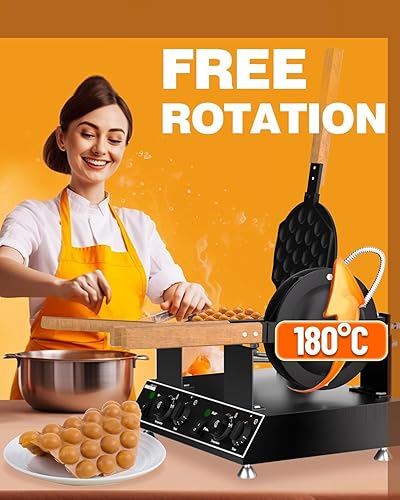 PYY Bubble Waffle Maker - Double 180° Rotate, Non-stick, 1500W, 110V, 50-250℃, Commercial & Home Use, Stainless Steel, Easy Clean - Poueer