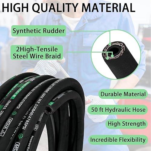 Haichy 1/4 in x 50 ft Hydraulic Hose, 5800 PSI, Black, Rubber, Hydraulic Hose, 1 each - Poueer