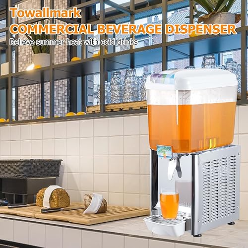 Commercial Beverage Dispenser, 1 Tank 18 L / 4.75 GAL Per Tank Juice Dispenser,180W Stainless Steel Ice Tea Drink Machine with 45°F-54°F Cooling Temperature, for Cold Drink Restaurant Bar Party - Poueer