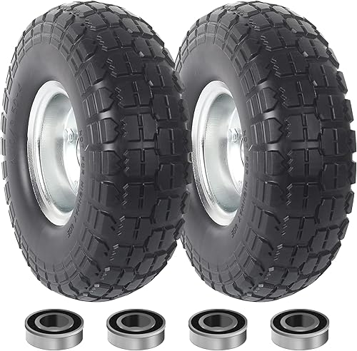 (2 Pack) 4.10/3.50-4 Flat Free Tires and Wheels with (4 Pack) 1/2' Bearings Replacement, 5/8' Bearings, 2.2' Offset Hub, for Hand Truck, Wheelbarrow - Poueer