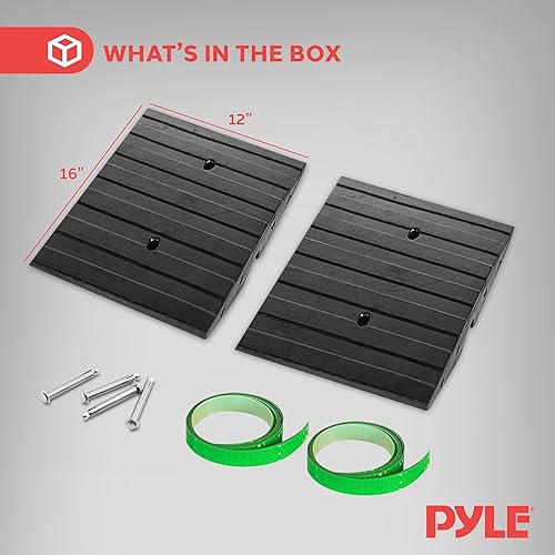Pyle 1 Ft. Rubber Curb Ramp - Pack of 2 Heavy Duty Non-Slip Threshold Ramps for Driveways & Sidewalks, Yellow Reflective Strips, Marine Grade, Expansion Screws Included, 12.0’’x 16.0’’ x 2.6’’ Inches - Poueer