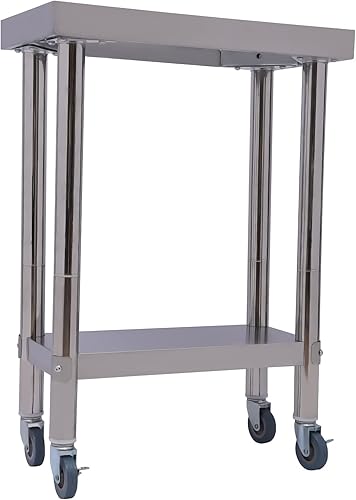 Heavy Duty Food Prep Worktable, 24 x 18 Inches Outdoor Commercial Table with 2-Stage Shelf Kitchen Stainless Steel Catering Table with 4 Wheels/Foot for Kitchens,Garage,Home,Outdoor (24*18-Foot) - Poueer