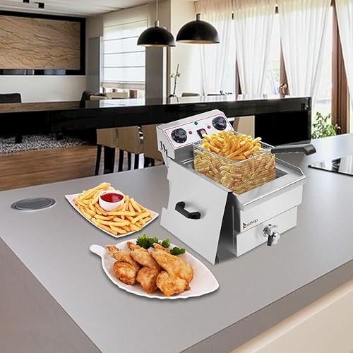 1700W Commercial Stainless Steel Deep Fryer 12.5QT with Oil Drain Faucet, 60-Min Timer & Thermostat Control - 8L Large Capacity for Restaurants/Home Use - Poueer