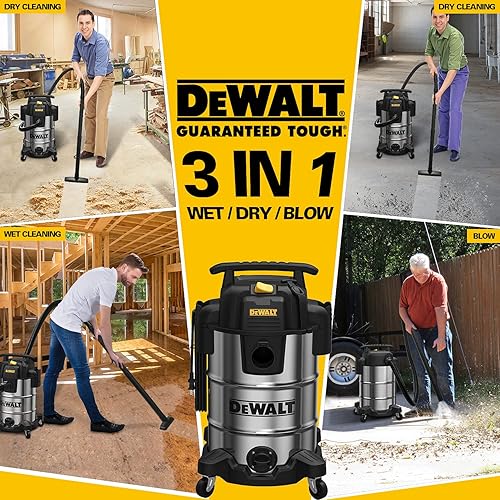 DEWALT DXV08S 8 Gallon Wet/Dry Vacuum, 4 Peak HP Shop Vacuum, Stainless Steel Tank, Silver - Poueer